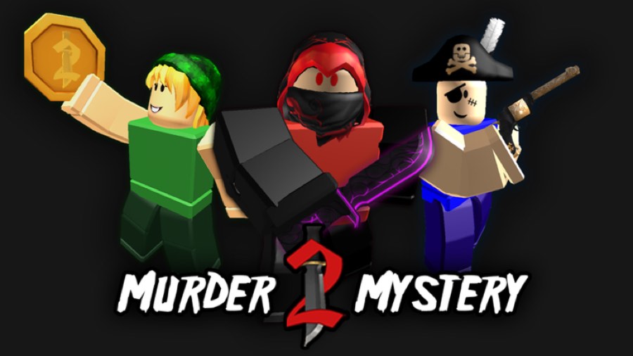 Murder Mystery 2 key art showing the Innocent, Murderer and Sheriff roles with a coin